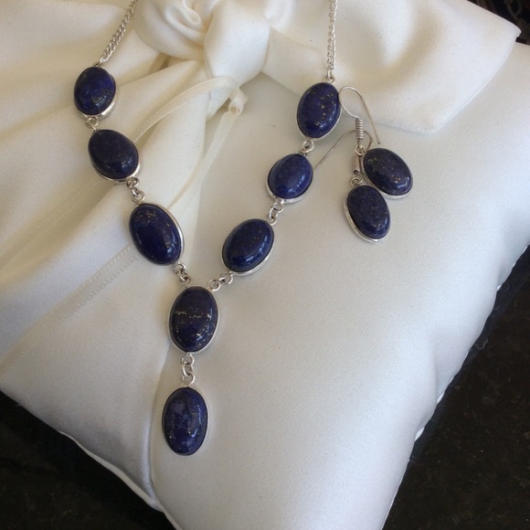 Sterling Silver Lapis Lazuli Necklace & Earrings Set 20” - Picture 1 of 14